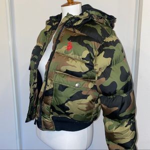 Camouflage Green Polo Puffer Jacket Hood Army Bomber